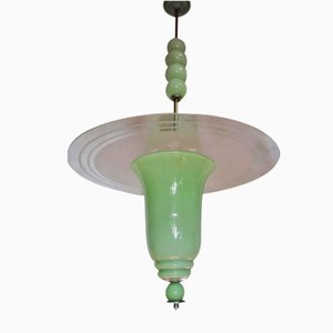 Italian Art Deco Jade Colored Glass Ceiling Lamp, 1930s