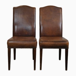 Cognac Sheep Leather Dining Chairs with a Patina, Set of 4