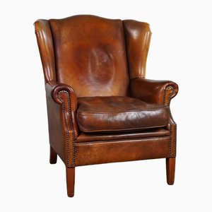 Cognac Ear Armchair in Sheep Leather with Decorative Nails