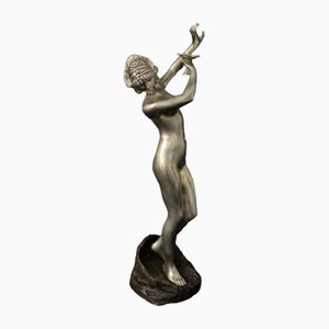 Art Nouveau Female Dancer with Cup in Silvered Bronze