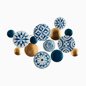 Golden, White and Blue Metal Wall Sculpture by Thai Natura