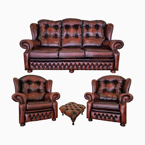 Chesterfield Leather Living Room Set, 1970s, Set of 4