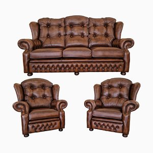 Chesterfield Suzanne Brown Leather Living Room Set, 1970s, Set of 3