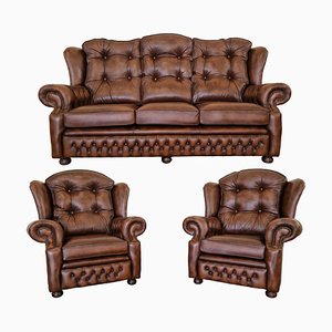 Mobilier de Salon Chesterfield Suzanne en Cuir Marron, 1970s, Set de 3