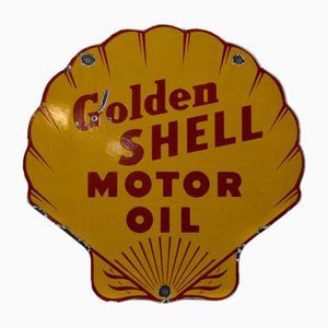 Plaque à Moteur Shell Dorée Émaillée à l'Huile, 1950s