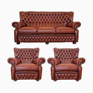 Chesterfield Living Room Set in Leather, 1970s, Set of 3