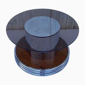 Mesa de centro redonda de vidrio ahumado y cromo, años 60