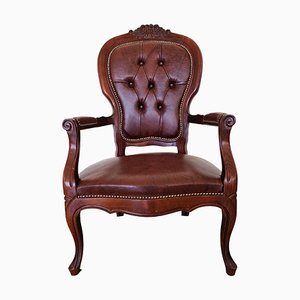 Antique Neo-Baroque Mahogany and Leather Armchair, 1950s