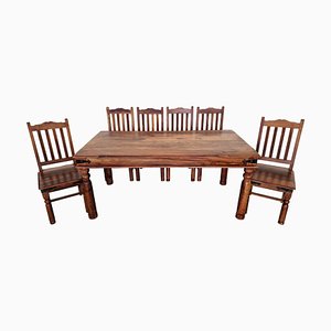 Indian Sheesham Dining Table with Chairs, 1980s, Set of 7