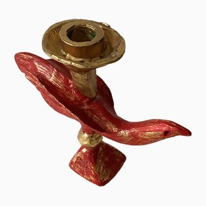 Red Patinated and Gilded Cast Aluminium Sculptural Bird Candlestick by Pierre Casenove for Fondica, France, 1990s