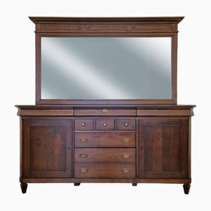 Credenza a due pezzi in mogano e grande specchio, anni '60, set di 2