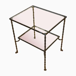 French Faux Bamboo Brass Side Table with Clear Glass and Paw Feet, 1960s