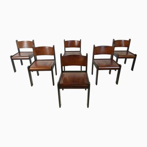Mid-Century Leather and Wood Dining Chairs, 1960s, Set of 6