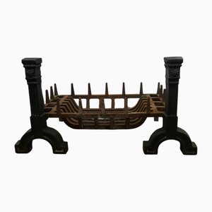 Large Antique Inglenook Fire Grate on Andirons