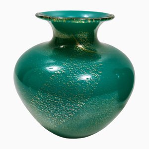 Vintage Green Cased Alga Glass Vase with Gold Leaf by Tomaso Buzzi for Venini, 1930s