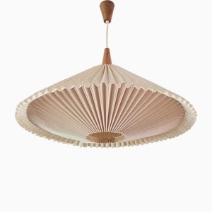 Pleated Hanging Lamp in Pinkish Plissee and Teakwood, 1960s