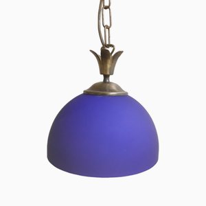 Vintage Ceiling Lamp with Blue Dome-Shaped Glass Screen on Brass Mount, 1980s