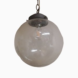 Lampada da soffitto vintage con paralume sferico in vetro trasparente con montatura in ottone, anni '70