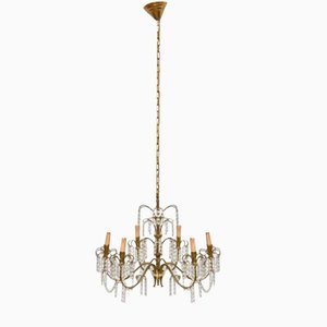 Mid-Century Italian Brass and Crystal Waterfall Chandelier, 1950s