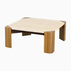 Table Basse en Bois et Travertin, Italie, 1970s