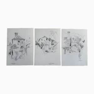 Jan Kristofori, Swiss Motives/Tessin Houses, Original Pencil Sketches, Set of 3