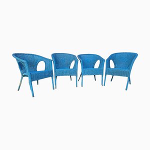 Blau lackierte spanische Vintage Korbstühle, 4