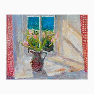 Alice Mumford, Seaward Window and Gingham Curtains, Oil Painting, 2023