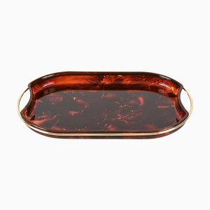 Mid-Century Modern Italian Acrylic Glass and Brass Oval Serving Tray from Guzzini, 1970s
