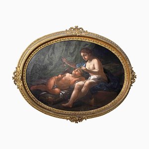 Vénus et Cupidon, Début du 18ème Siècle, Ovale Huile sur Toile, Encadrée