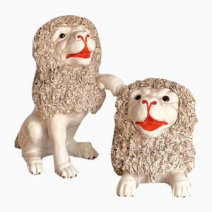 Lions en Céramique de Faïence, Italie, 19ème Siècle, Set de 2