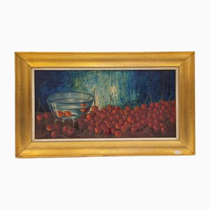 José Luis Capitaine, Still Life of Cherries, 20th Century, Oil on Panel, Framed