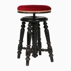 Tabouret de Piano Art Déco en Bois Laqué Noir avec Tapisserie en Velours Rouge, France, 1930s