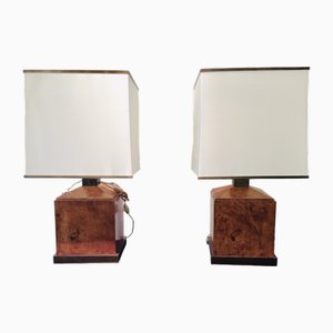 Lámparas de madera de briar y latón con pantallas de seda, años 70. Juego de 2
