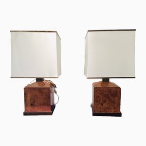 Lampes en Briarwood et en Laiton avec Abat-jours en Soie, 1970s, Set de 2