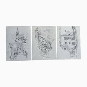 Jan Kristofori, Swiss Motifs/Tessin Houses, Croquis originaux au crayon, Set de 3