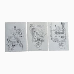 Jan Kristofori, Swiss Motives/Tessin Houses, Original Pencil Sketches, set di 3