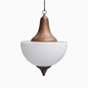 Large Mid-Century French Metal and Opaline Glass Pendant Light, 1950s