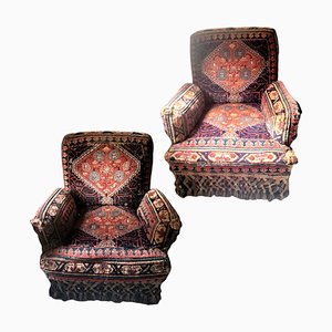 Victorian Knotted Embroidery Hand Made Fabric Turkey Armchairs, Set of 2