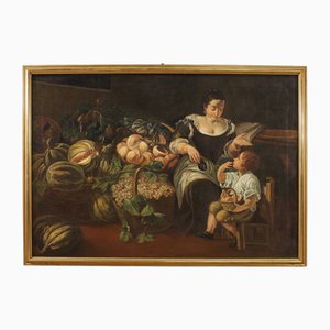 Artista italiano, Escena de género con naturaleza muerta, 1760, óleo sobre lienzo, enmarcado
