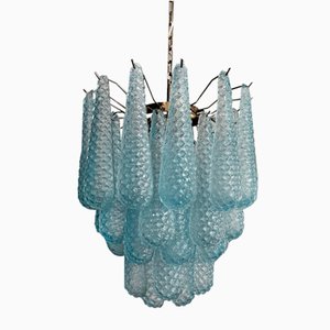 Lámpara de araña italiana de pétalos de cristal de Murano azul, años 90
