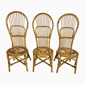 Mid-Century Chairs with Fan-Shaped Backs in Bamboo and Rattan, Italy, 1950s, Set of 3