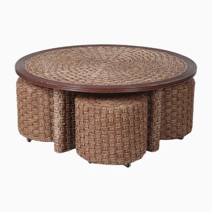 Coffee Table and Stools in Braided Rope and Wood, 1970s, Set of 5