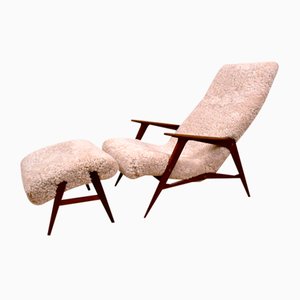 Swedish Siesta Lounge Chair with Footrest in Teak and Sheepskin from Jio Möbler, 1950s, Set of 2