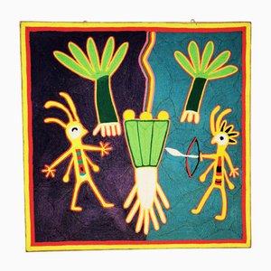 Obra de arte de hilo tejido Huichol, México, años 70