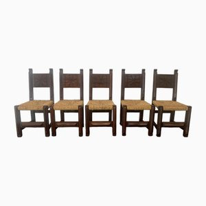 Brutalist Dining Chairs in Sculpted Oak, 1950s, Set of 5