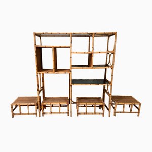 Postmodern Bamboo Bookcase with Smoked Glass Shelves attributed to Vivai Del Sud, Italy, 1970s