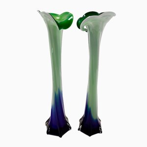 Jarrones vintage de cristal de Murano en verde y azul, Italia, años 60. Juego de 2