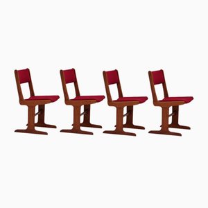 Chaises de Salle à Manger en Teck et Velours Rouge, 1960s, Set de 4