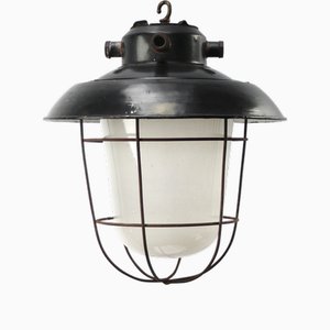 Lámpara colgante industrial vintage de vidrio esmerilado en negro
