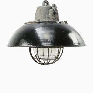 Lampada a sospensione vintage industriale smaltata nera, ghisa e vetro trasparente